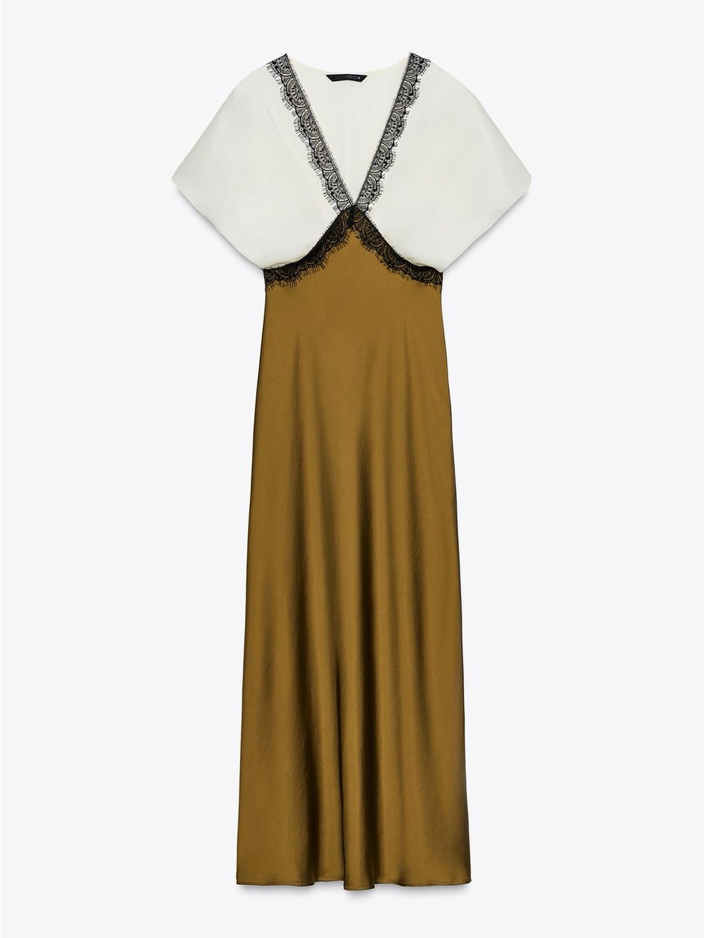 NWT. Zara Ecru/Khaki Satin Effect Midi Dress with Lace/Contrasting Trim. Size S. - Picture 7 of 12